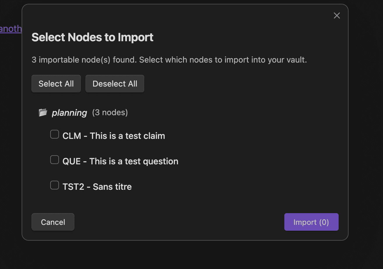 Selecting nodes to import